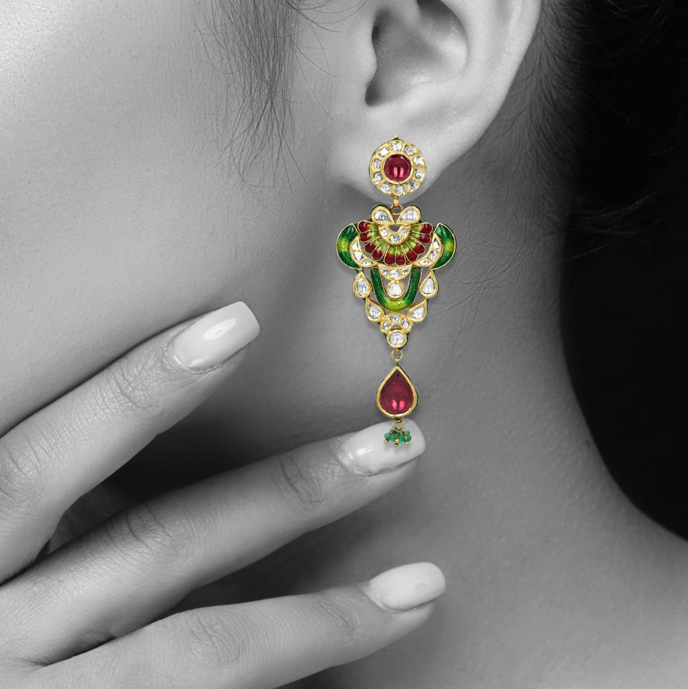 Polki Earrings with Red-Green Enamel, Rhodolite, and Emerald Beads